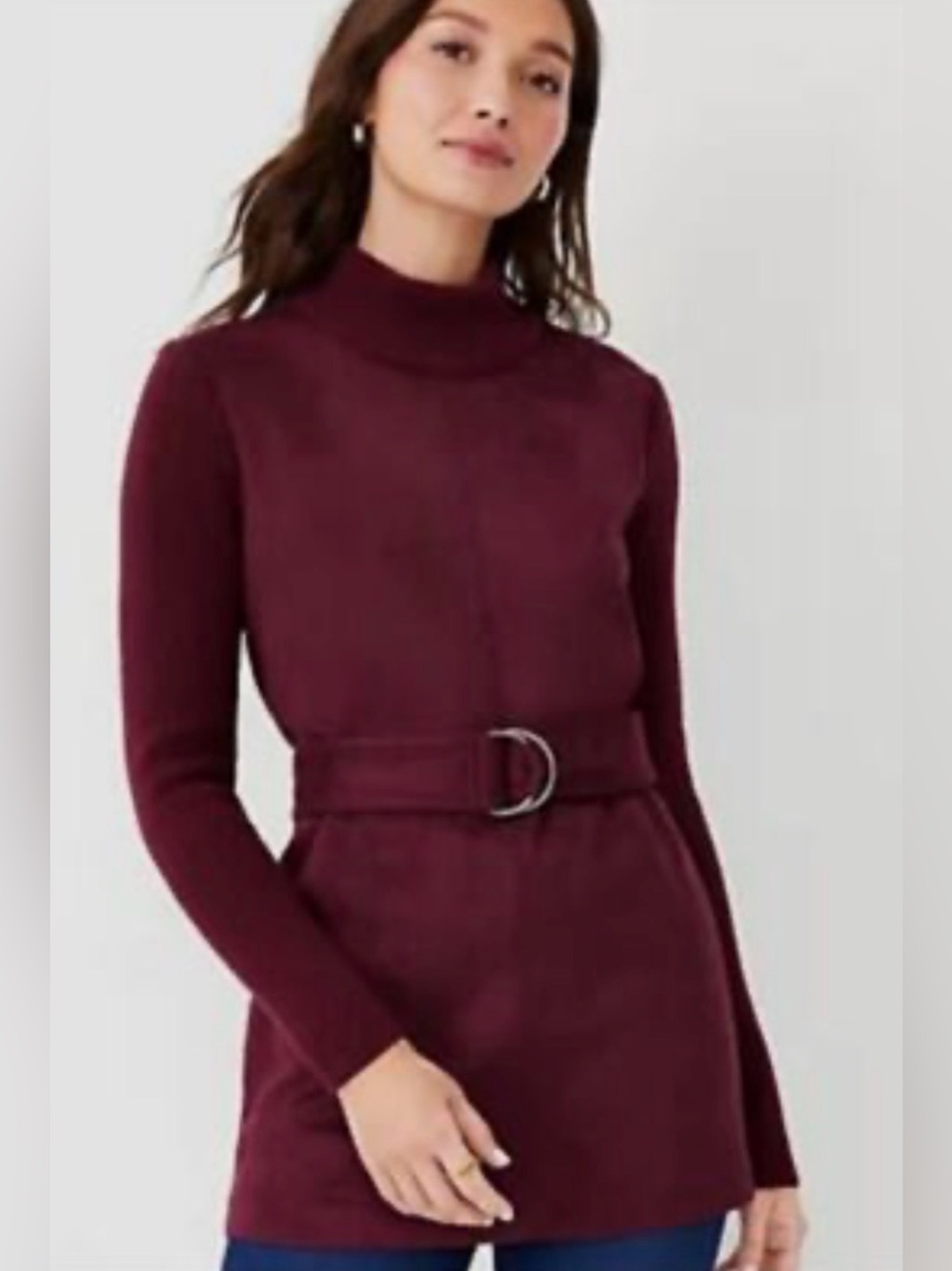 Ann Taylor Burgundy Turtleneck Long Sleeve Tunic Dress with Belt